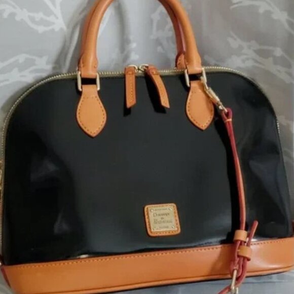 Dooney & Bourke Handbags - Dooney & Bourke Black and Tan Patent Leather Satchel